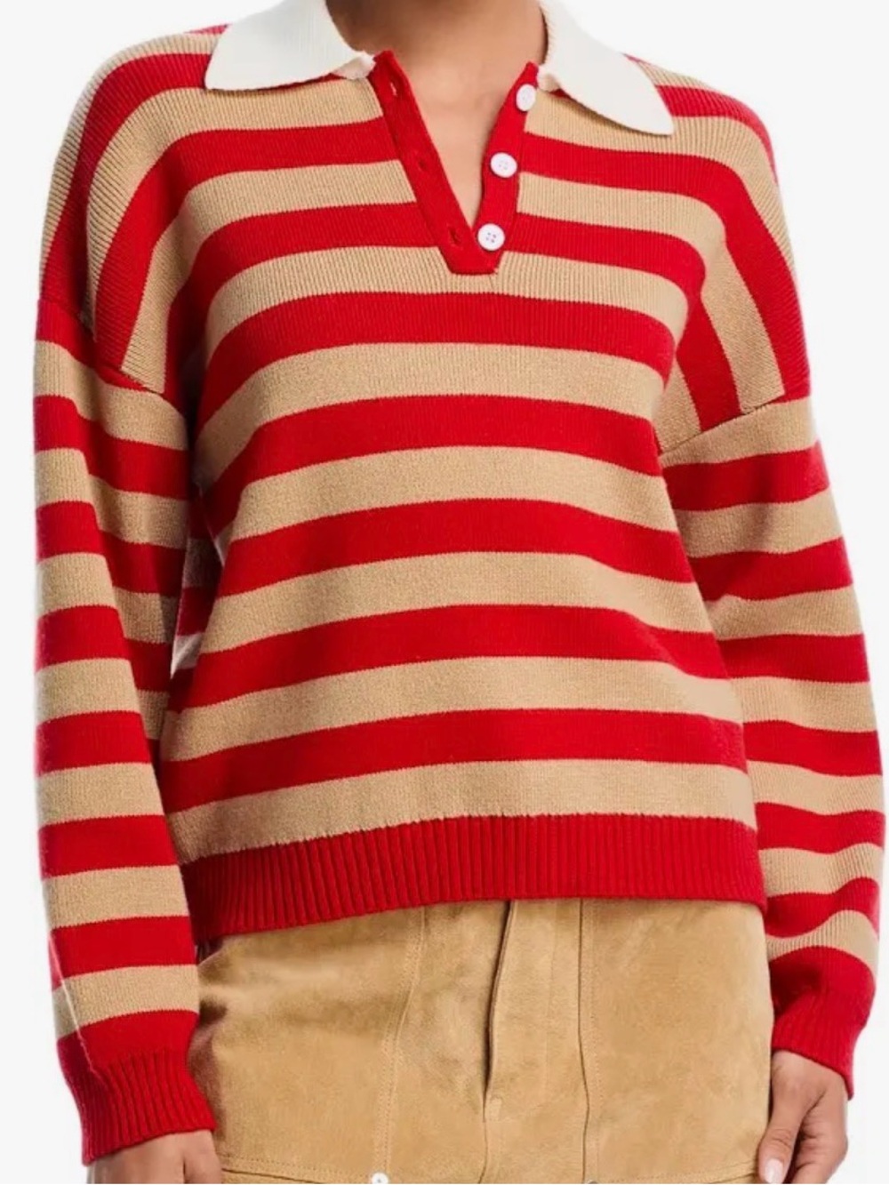 Wayf Red and Tan Striped V-Neck Polo Sweater